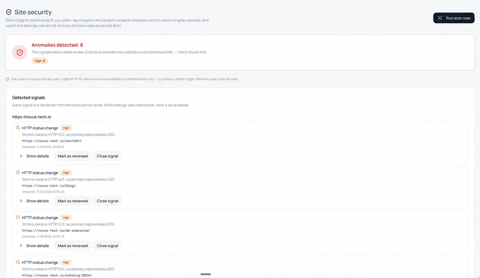 CookieHug dashboard: anomaly radar alerts