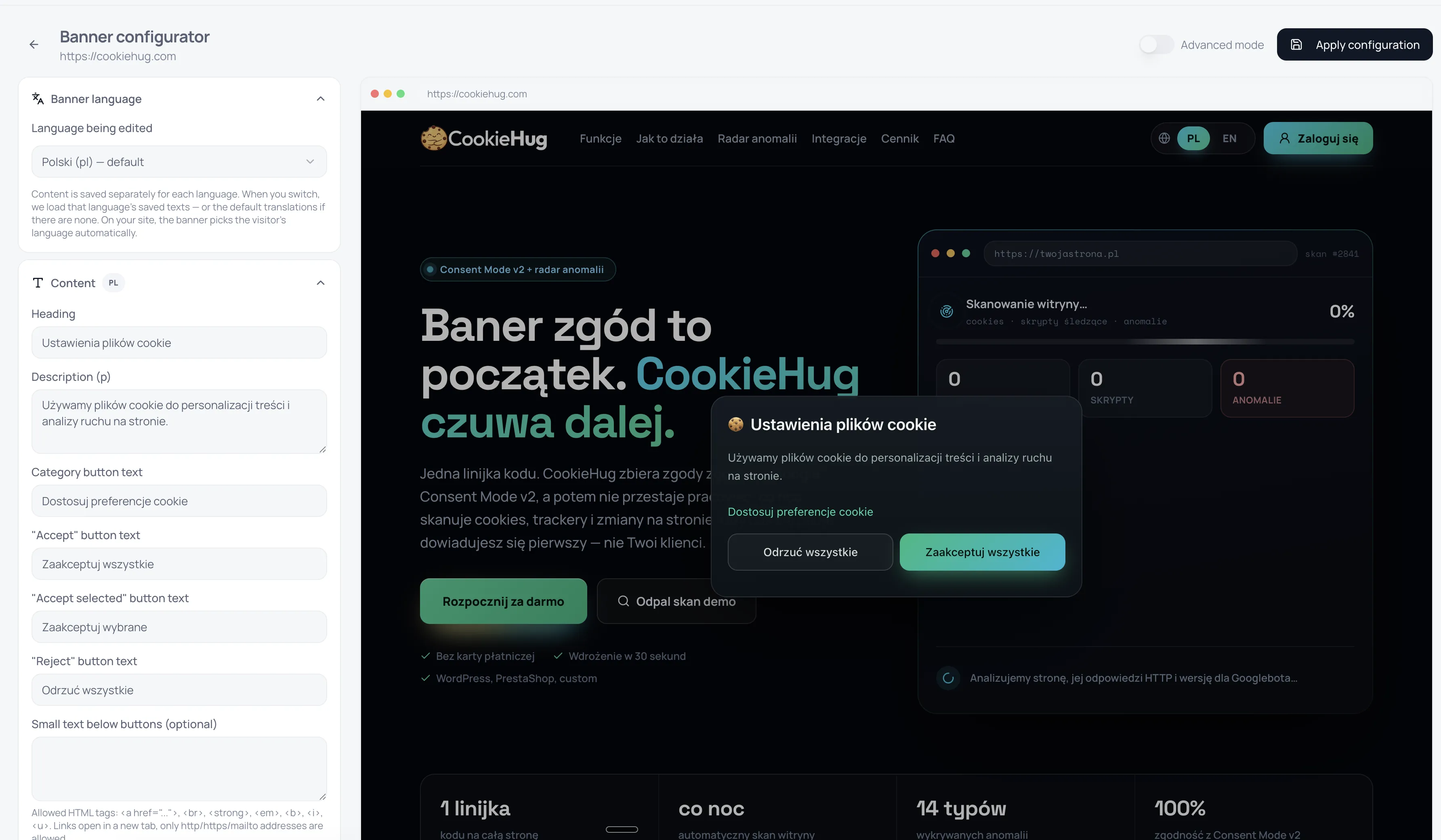 CookieHug dashboard: consent banner editor